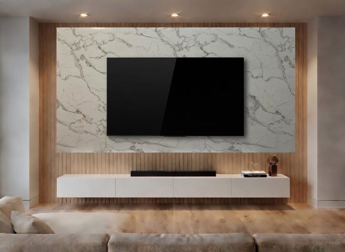PANNELLO TV ARTIGIANALE  RETROILLUMINATO (TV BOARD 55"-65") EFFETTO MARMO LIGHT GREY 190X114cm /STAFFA INCLUSA/  4 LATI ANGOLATI/ INCLUSO IMBALLO SPECIALE IN LEGNO