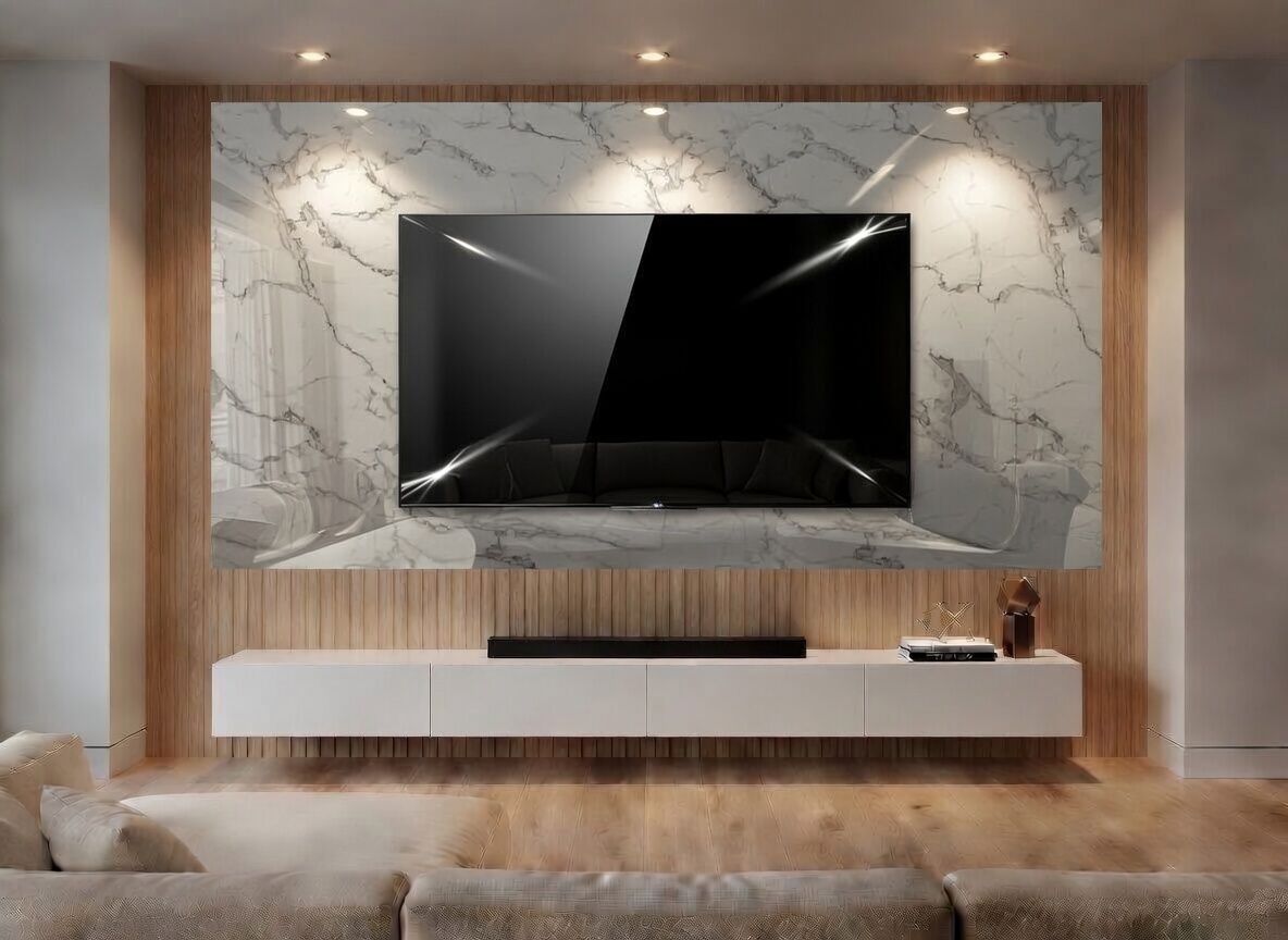 PANNELLO TV ARTIGIANALE  RETROILLUMINATO (TV BOARD 55"-65") EFFETTO MARMO LIGHT GREY 190X114cm /STAFFA INCLUSA/  4 LATI ANGOLATI/ INCLUSO IMBALLO SPECIALE IN LEGNO