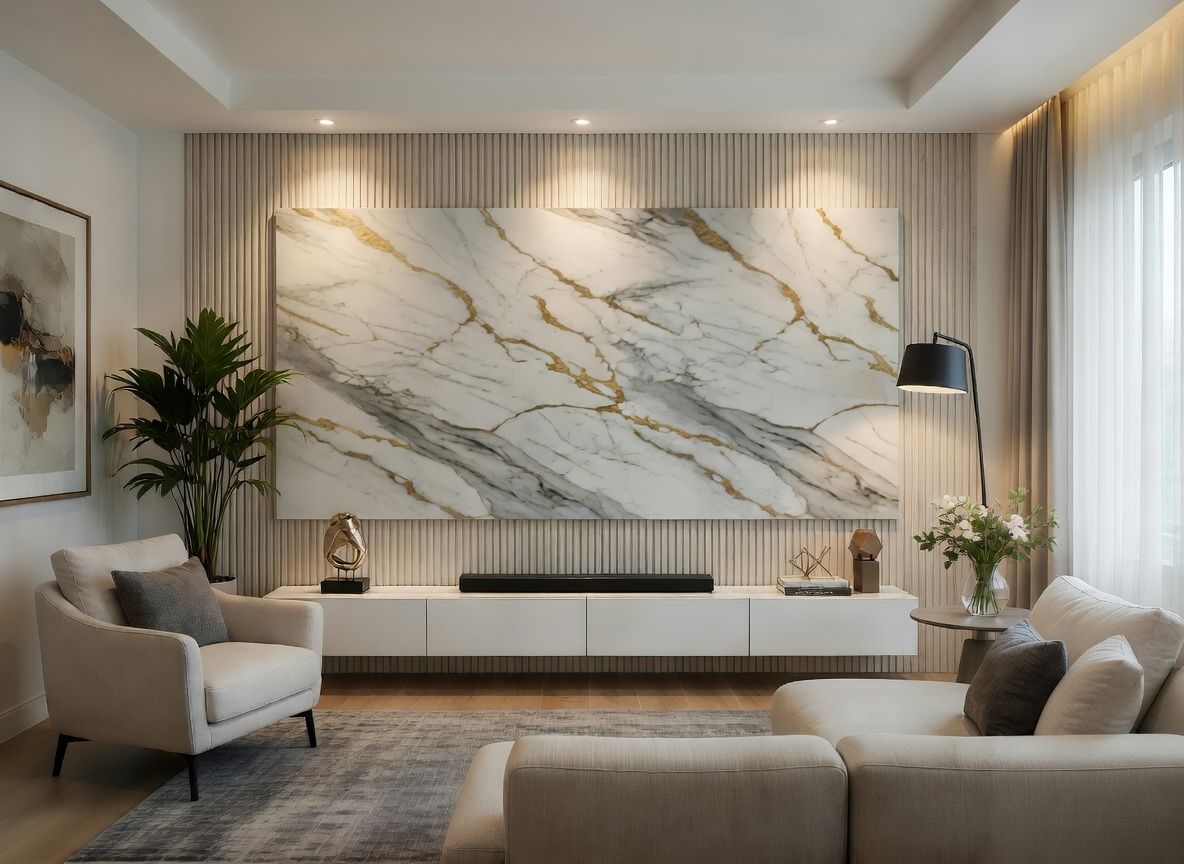 PANNELLO TV ARTIGIANALE  RETROILLUMINATO (TV BOARD 65"-75") EFFETTO MARMO LIGHT GREY 230X114cm /STAFFA INCLUSA/  4 LATI ANGOLATI/ INCLUSO IMBALLO SPECIALE IN LEGNO