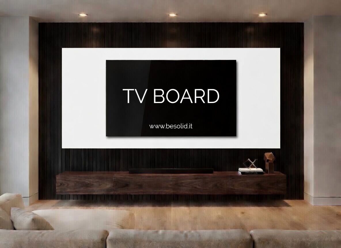 PANNELLO TV ARTIGIANALE  RETROILLUMINATO (TV BOARD 55"-70") EFFETTO BIANCO LISCIO SATINATO 210X112cm /STAFFA INCLUSA/  4 LATI ANGOLATI/ INCLUSO IMBALLO SPECIALE IN LEGNO
