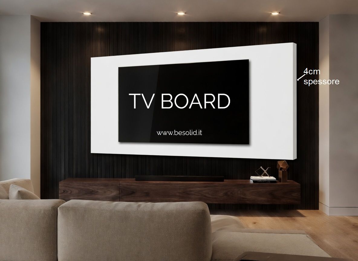PANNELLO / SUPPORTO TV RETROILLUMINATO (TV BOARD 65"-75") 230x112cm /STAFFA INCLUSA/ 4 LATI ANGOLATI/ INCLUSO IMBALLO SPECIALE IN LEGNO - COLORE A SCELTA