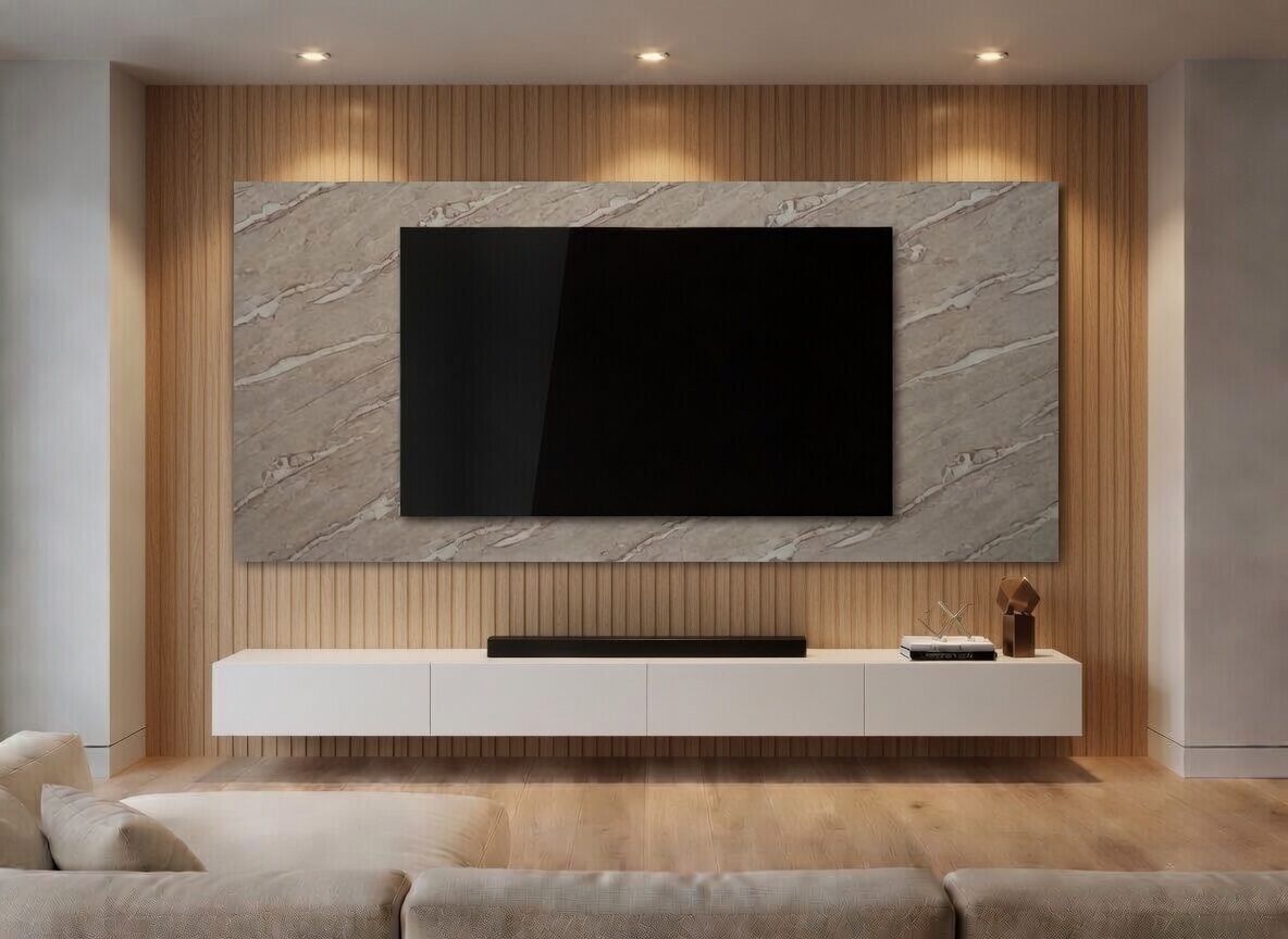 PANNELLO TV ARTIGIANALE  RETROILLUMINATO (TV BOARD 55"-70") EFFETTO GRANITICO MID GLOSS 210X114cm /STAFFA INCLUSA/  4 LATI ANGOLATI/ INCLUSO IMBALLO SPECIALE IN LEGNO
