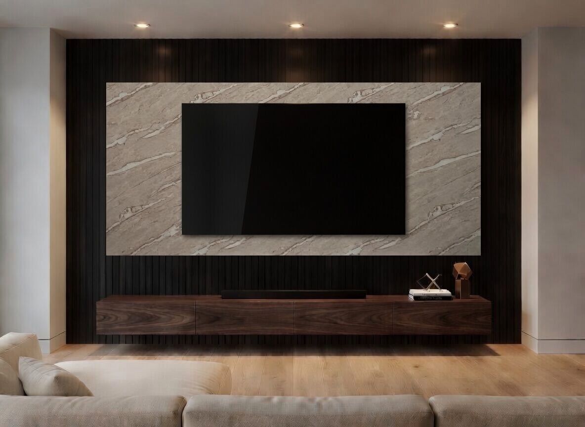 PANNELLO TV ARTIGIANALE  RETROILLUMINATO (TV BOARD 55"-70") EFFETTO GRANITICO MID GLOSS 210X114cm /STAFFA INCLUSA/  4 LATI ANGOLATI/ INCLUSO IMBALLO SPECIALE IN LEGNO
