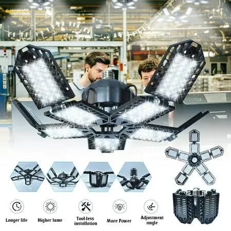 Led Garage Light 180w, 15000lm Garage Ceiling Lighting with E26/e27 Medium Base, 6000k Deformable LED Shop Light, 10 Adjustable Panels Lights for