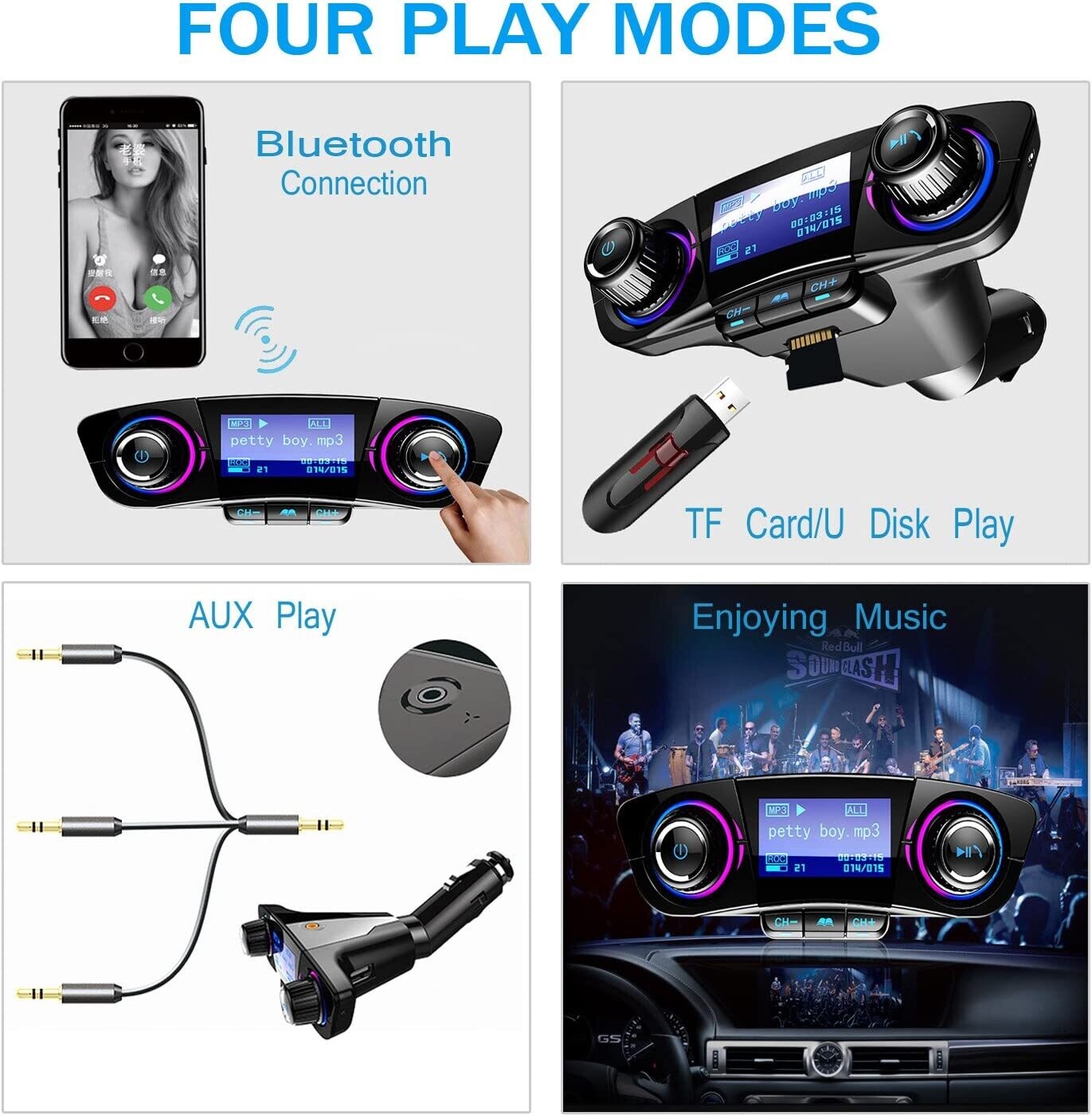 Bluetooth FM Transmitter Handfrees-Calling Radio Adapter Car Kit with Dual USB Port MP3 Player Support TF Card USB Flash Drive