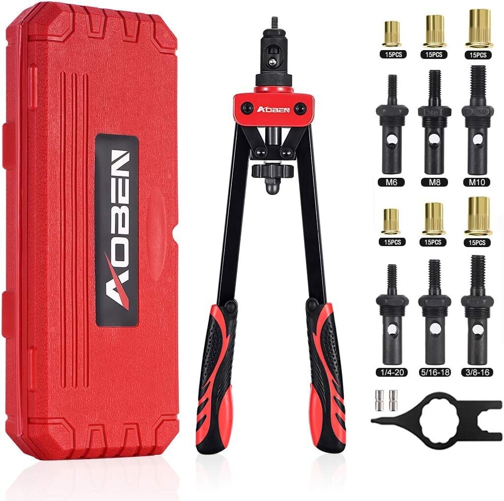 AOBEN 14&quot; Rivet Nut Tool, Professional Hand Rivet Nut Setter Kit Labor-Saving and Compact Design Including 6 Interchangeable Mandrels 90pcs Rivnuts and 2 Mandrel Lock Pins