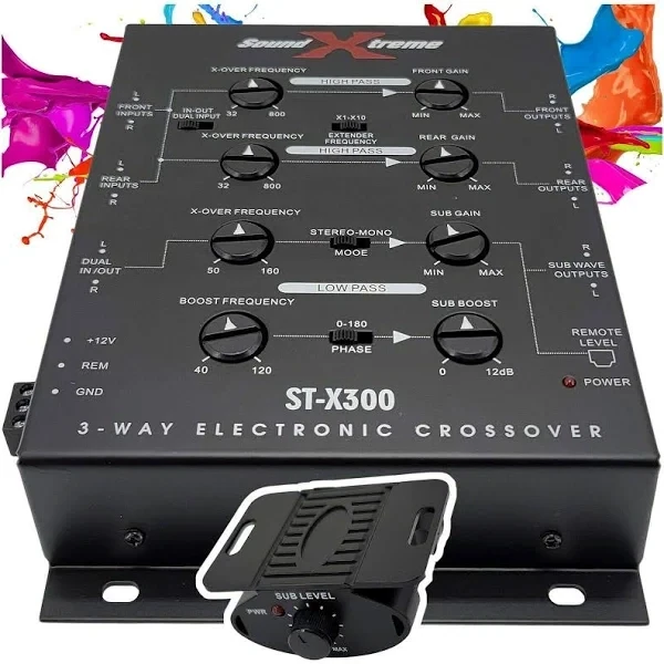 SoundXtreme ST-X300 3 Way Electronic Car Stereo Crossover Dash Mount Bass Knob Remote Frequency Response 10Hz-30kHz Including Power Adapter