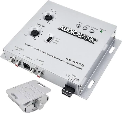 Audiobank 1/2 DIN Car Audio Digital Bass Processor, Sound Restoration &amp; Crossover for Car Subwoofer with Bass Knob/Input Level: 15V RMS &amp; Output