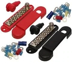 JQuad (Pair - Red &amp; Black) 12 Terminal Distribution Block -BUSBARS- with Ring Terminals