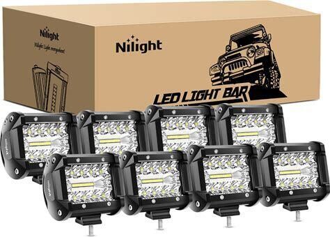 Nilight 8Pcs LED Pods 4Inch 60W Triple Row Flood Spot Combo 6000LM Light Bar Driving Fog Lights Led Off Road Lighting for Trucks Pickup Jeep ATV UTV SUV Boat Light