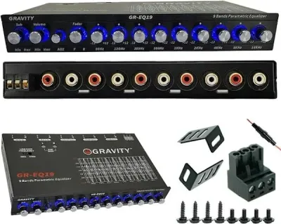 Gravity EQ19 1/2 Din 9 Equalization Bands Band Car Audio Equalizer EQ Front, Rear + Sub Output 9V with Three Stereo RCA Output/Built-in Input AUX/DVD Select Switch