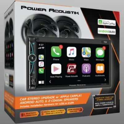 Power Acoustik Car Stereo Bundle Mechless HD LCD with Capacitive Touchscreen, Bluetooth &amp; Speakers Car Play &amp; Android Auto - 1 Each