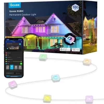 Govee Permanent Outdoor Lights, Smart RGBIC Outdoor Lights with 73 Scene Modes, 100ft with 72 LED Eaves Lights IP67 Waterproof for Party, Game Day,