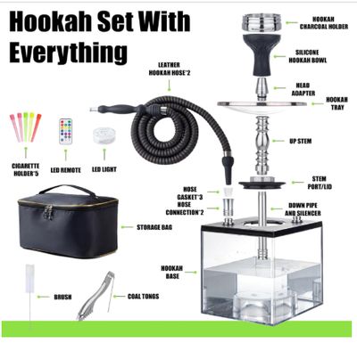 2 Hose Large Cloud Production Acrylic Hookah Set with Everything, Travel Kit with LED Hookah Machine for Shisha Smoking Experience