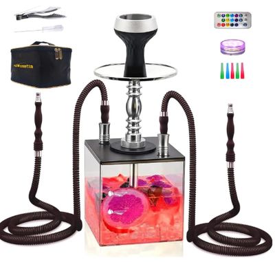 2 Hose Large Cloud Production Acrylic Hookah Set with Everything, Travel Kit with LED Hookah Machine for Shisha Smoking Experience