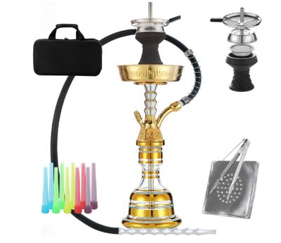 22" Hookah Set With Everything Portable Shisha Kit with Travel Case Glass Vase Silicone Bowl, Coal Tong,50 Hookah Foil,10 Hookah Disposable Tips