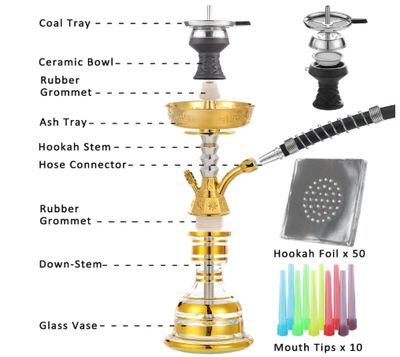 22" Hookah Set With Everything Portable Shisha Kit with Travel Case Glass Vase Silicone Bowl, Coal Tong,50 Hookah Foil,10 Hookah Disposable Tips