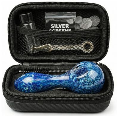 4" Gorgeous Tobacco Pipe Set, Collectible Smoking Pipe with Cleaner Tamper Tool Black Carrying Case, Complete Pipe Accessories Kit(Blue)