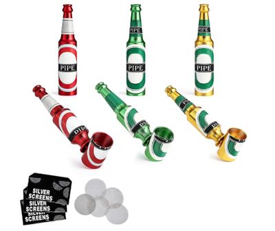Joyoldelf 3pcs Mini Tobacco Pipe - Beer Bottle Smoking Pipe with Multi-Color (Red, Green, Gold), Portable Tobacco Pipe for Smoking with Random Pattern, Pipe Starter Kit for Beginners with Mesh Screen