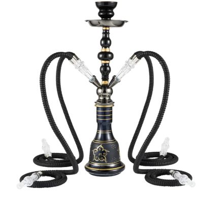 Complete Hookah Set - 4 Hose Shisha Set with Glass Vase, Ceramic Bowl, Coal Tongs &amp; Ashtray for Better Smoking (Black)