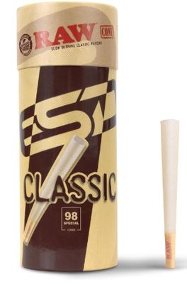 RAW Cones Classic 98 Special - 50 Pack - Slow Burning Pre Rolled Cones with Tips &amp; Packing Tubes Included - Rolling Papers