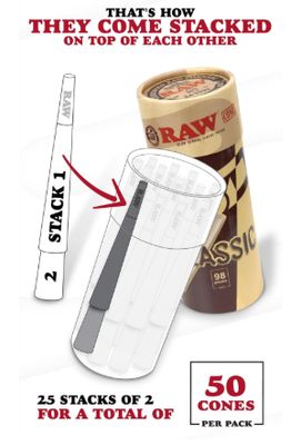 RAW Cones Classic 98 Special - 50 Pack - Slow Burning Pre Rolled Cones with Tips &amp; Packing Tubes Included - Rolling Papers