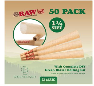 RAW Cones 1 1/4 Size: 50 Pack Patented Slow Burning Pre Rolled Rolling Papers &amp; Tips, Classic Raw Paper, 84mm