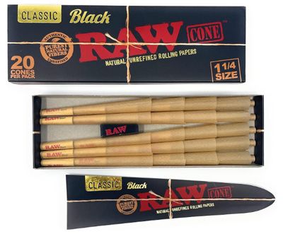RAW Cones Black 1 1/4 Size: 20 Pack &amp; Loader - Patented Slow Burning Pre Rolled Cones &amp; Tips, Includes Green Blazer Sticker