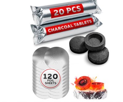 Hookah Bundle - 20 pcs Hookah Charcoal & 120 pcs Hookah Foil with Holes - 33 mm Quick Light Charcoal Tablets & 4 mil Thick Sisha Foil Sheets - 100% Natural Hooka Coals - Burns Up to 60 min Hookah Bundle - 20 pcs Hookah Charcoal & 120 pcs Hookah Foil with Holes - 33 mm Quick Light Charcoal Tablets & 4 mil Thick Sisha Foil Sheets - 100% Natural Hooka Coals - Burns Up to 60 min
