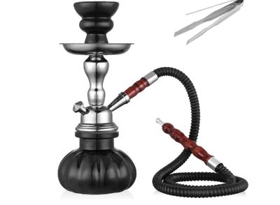 Hookah Set, 11'' Shisha Hookah Complete Set With Mini Pumpkin Hookah Glass Vase, Ceramic Bowl, Wooden Handle Hose, Coal Tong (black)