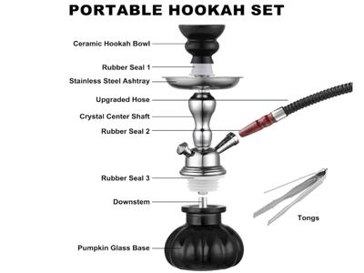 Hookah Set, 11'' Shisha Hookah Complete Set With Mini Pumpkin Hookah Glass Vase, Ceramic Bowl, Wooden Handle Hose, Coal Tong (black)