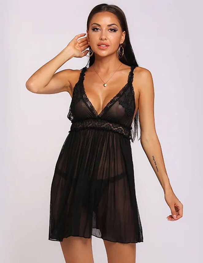 Lace High-end Sheer Delicate Embroidery Babydoll Lingerie Set