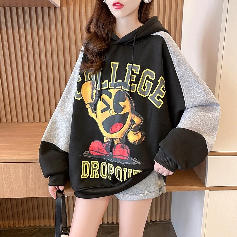 Hoodie women&#39;s fleece loose autumn and winter 2023 new net red cartoon pattern pullover hoodie top fleece thick sweatshirt