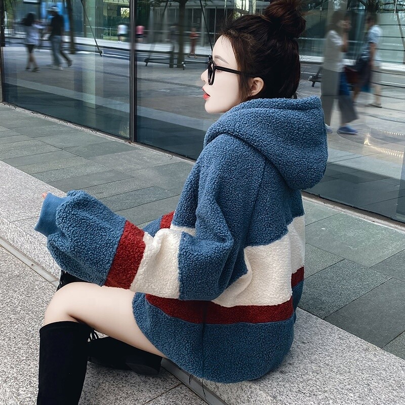 Flannel warm and soft women&#39;s clothing long-sleeved pullover 2020 new color-blocking versatile hoodie women&#39;s hoodie sweatshirt