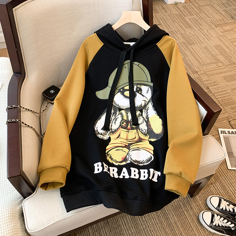 Plus-size women&#39;s cartoon letter printed sleeves splicing color plus fleece thickened oversized hoodie women&#39;s hoodie