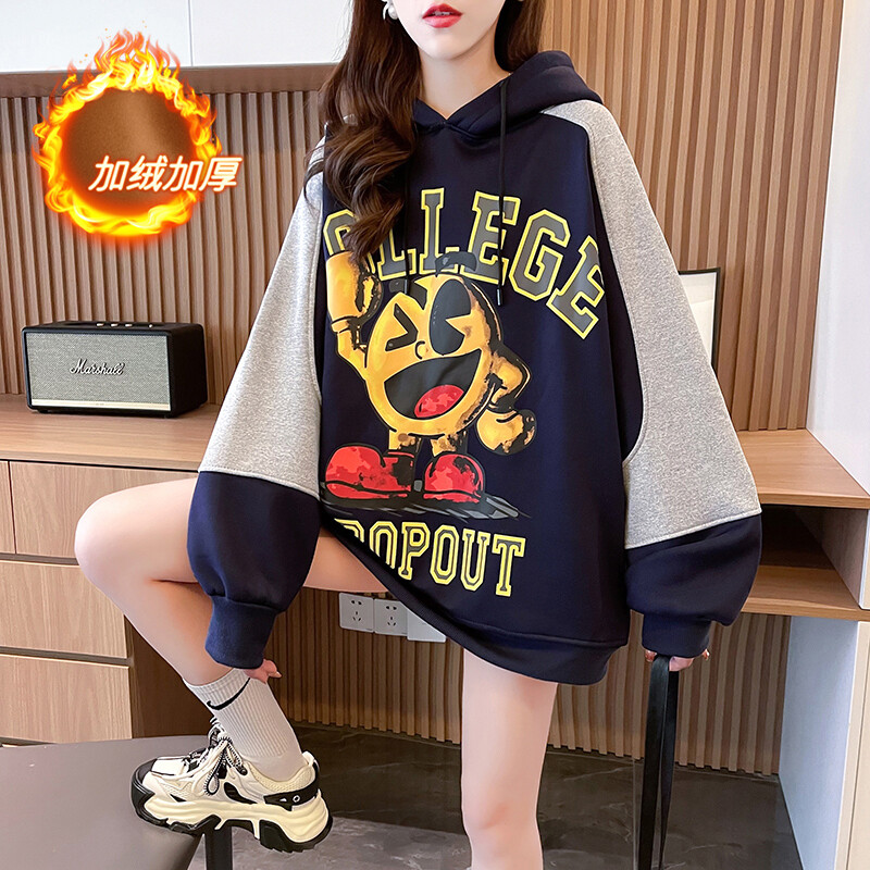 Hoodie women&#39;s fleece loose autumn and winter 2023 new net red cartoon pattern pullover hoodie top fleece thick sweatshirt