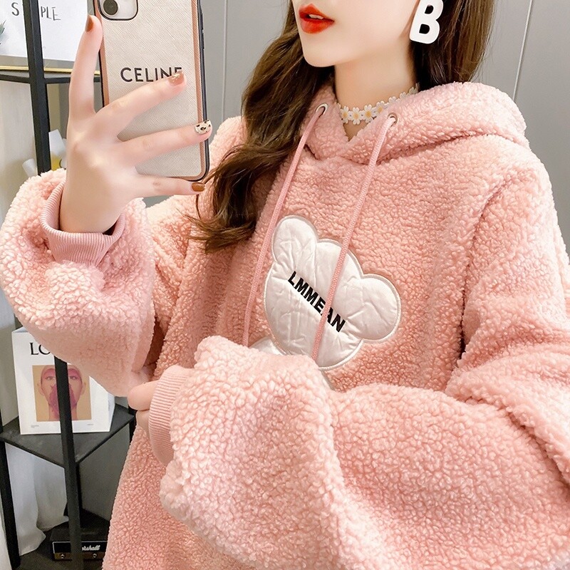 Plush thick women&#39;s hoodie for fall/winter 2021 new women&#39;s Korean version loose wild large size 300g lamb plush jacket
