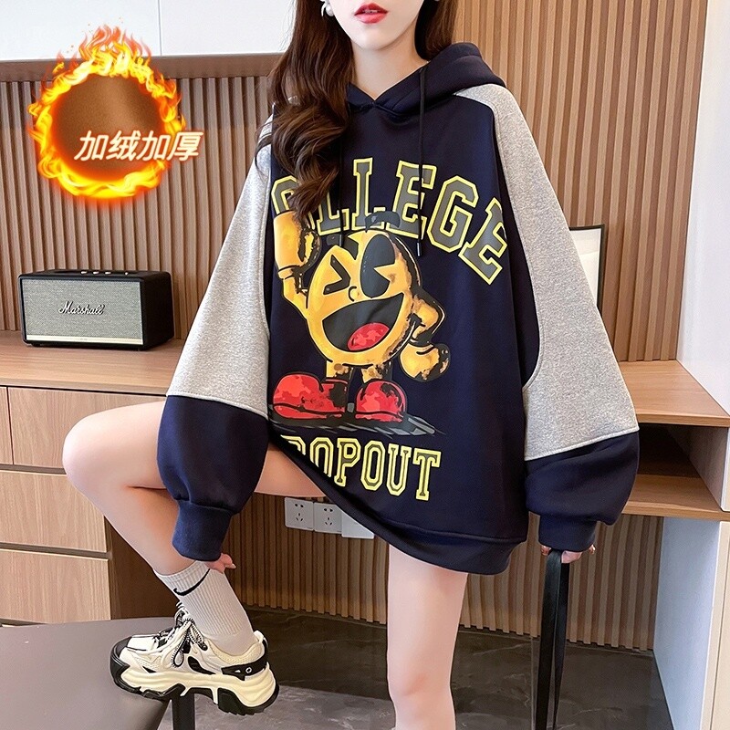 Hoodie women&#39;s fleece loose autumn and winter 2023 new net red cartoon pattern pullover hoodie top fleece thick sweatshirt