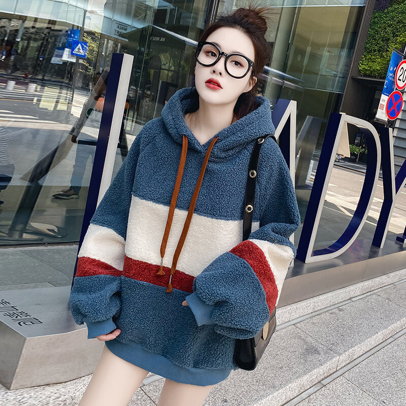 Flannel warm and soft women&#39;s clothing long-sleeved pullover 2020 new color-blocking versatile hoodie women&#39;s hoodie sweatshirt