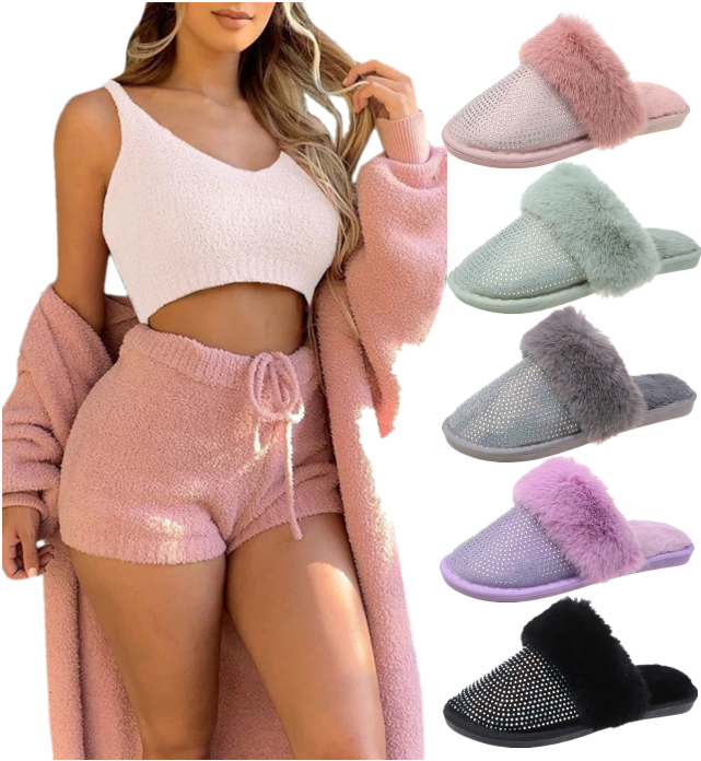 Women Diamond Slippers Ladies Warm Slide House Faux Fur Slippers ,Women&#39;S Winter Slippers and Bedroom Pajama Sets