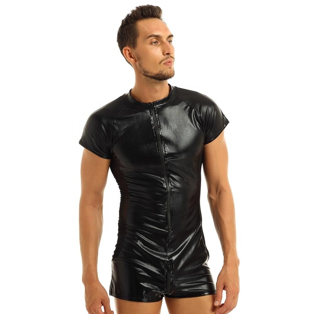Patent Leather Front Zipper One Piece Swimsuit Black Leotard Short Sleeves Bodysuit Unitard With Mesh Side For Men