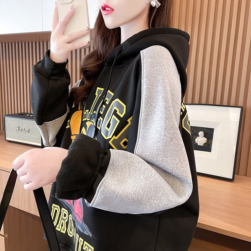Hoodie women&#39;s fleece loose autumn and winter 2023 new net red cartoon pattern pullover hoodie top fleece thick sweatshirt
