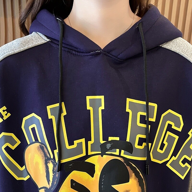 Hoodie women&#39;s fleece loose autumn and winter 2023 new net red cartoon pattern pullover hoodie top fleece thick sweatshirt