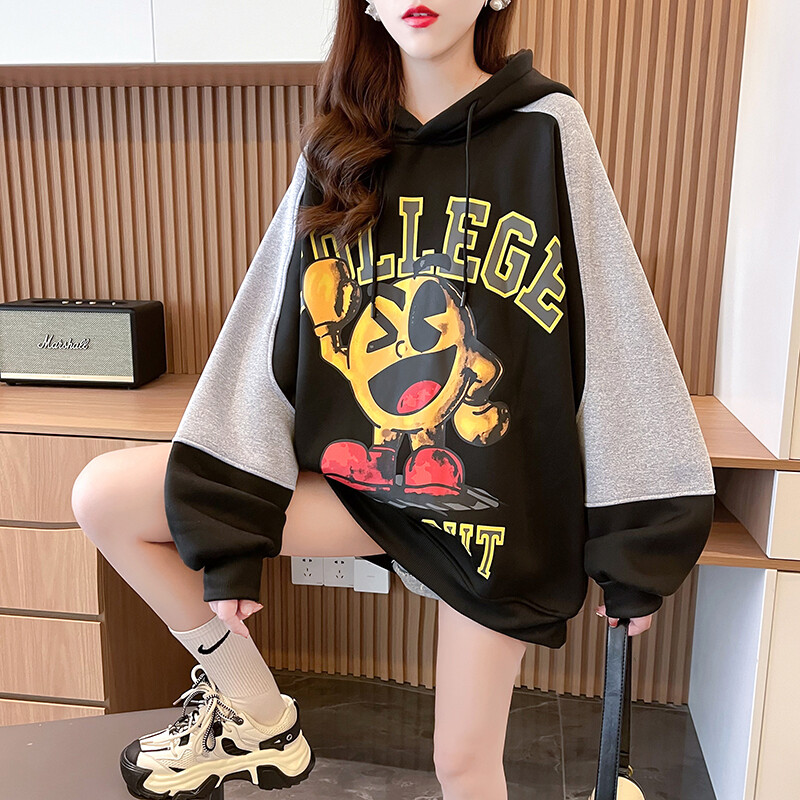 Hoodie women&#39;s fleece loose autumn and winter 2023 new net red cartoon pattern pullover hoodie top fleece thick sweatshirt