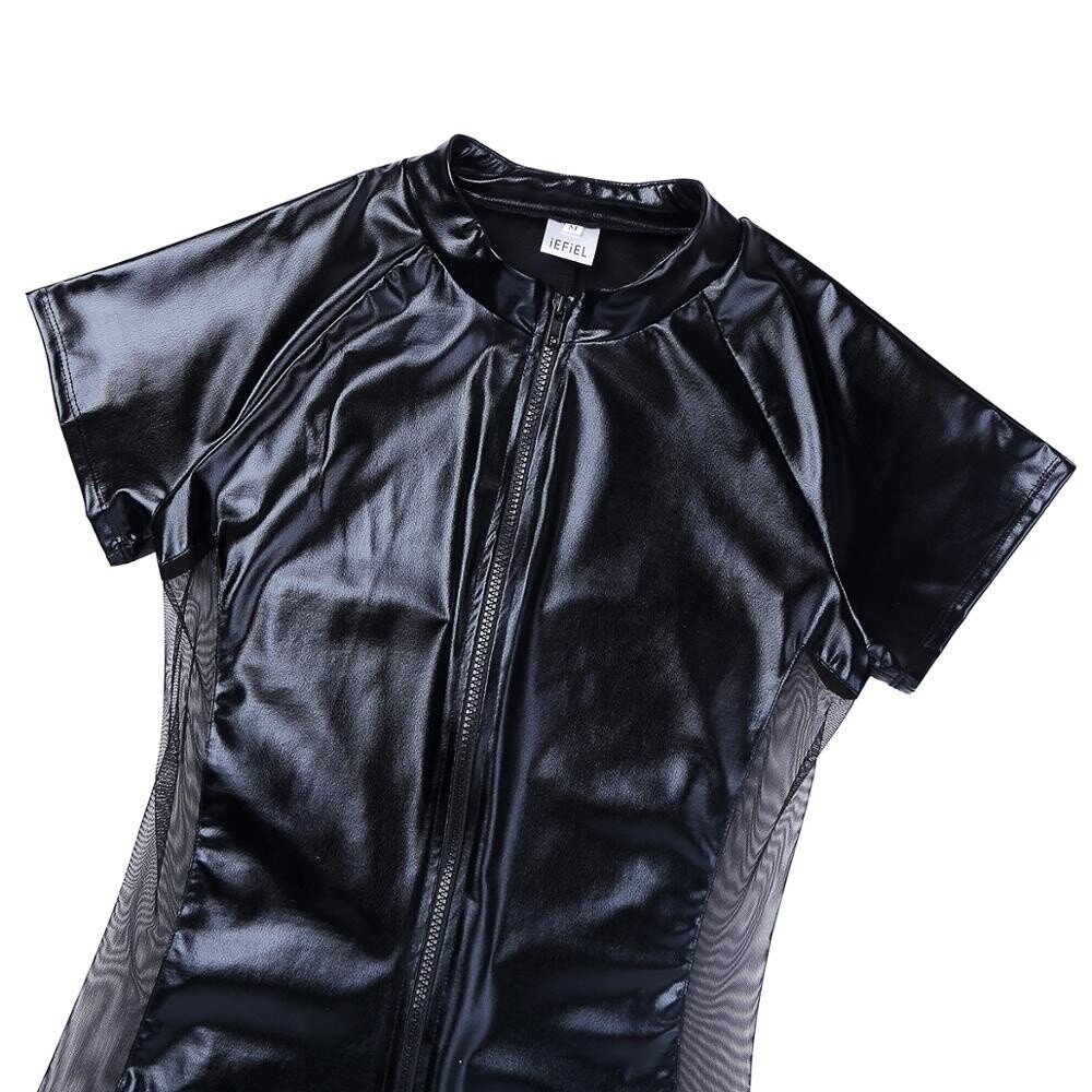 Patent Leather Front Zipper One Piece Swimsuit Black Leotard Short Sleeves Bodysuit Unitard With Mesh Side For Men