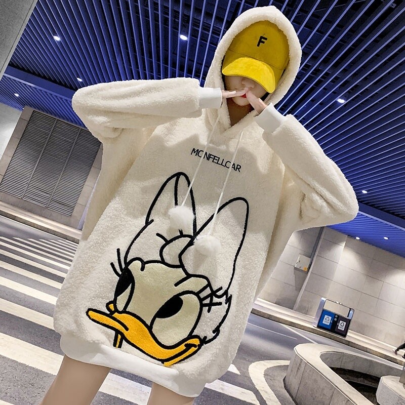 Streetwear high quality winter lamb wool women&#39;s hoodie sweatshirt loose cartoon embroidery women&#39;s hooded jacket