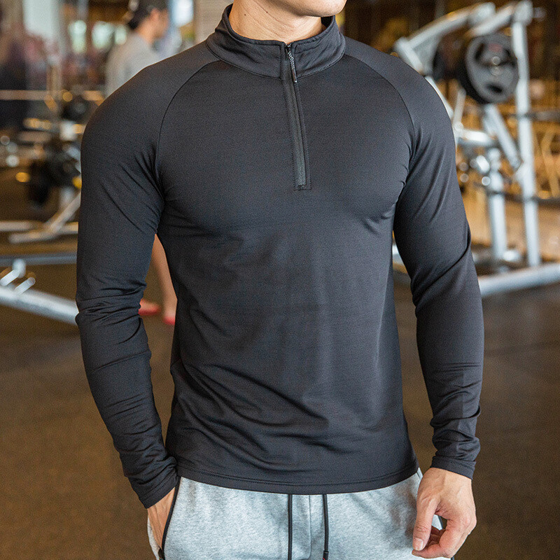 High Quality Active Wear Quater Zip Up Sweatshirts Running Men&#39;s T-shirts Workout Sportswear Long Sleeve Tight Gym T Shirt