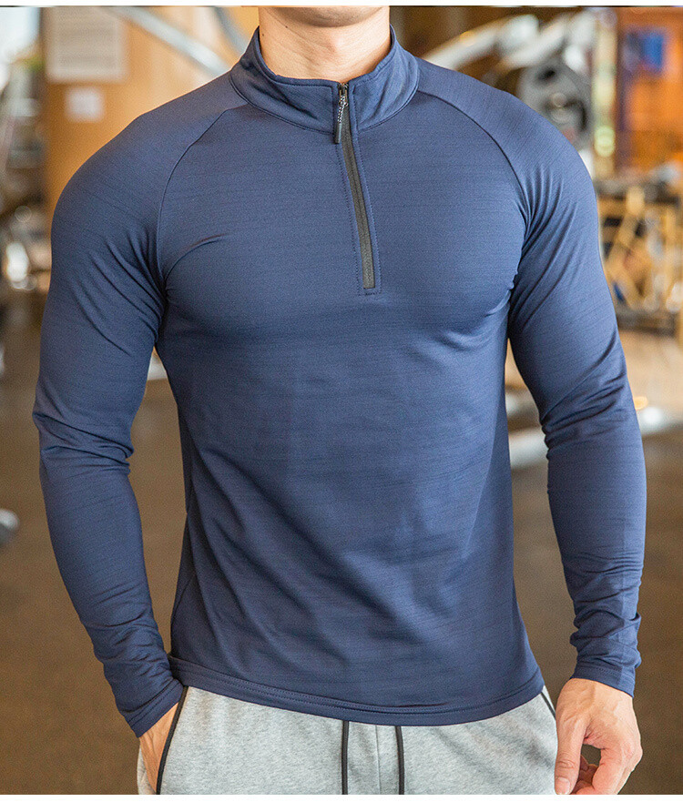 High Quality Active Wear Quater Zip Up Sweatshirts Running Men&#39;s T-shirts Workout Sportswear Long Sleeve Tight Gym T Shirt
