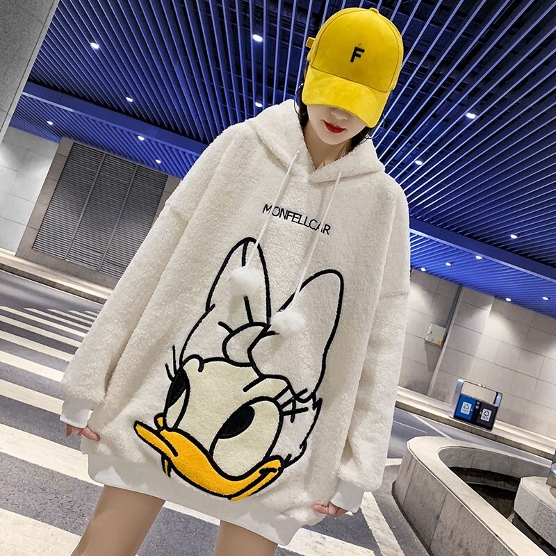 Streetwear high quality winter lamb wool women&#39;s hoodie sweatshirt loose cartoon embroidery women&#39;s hooded jacket