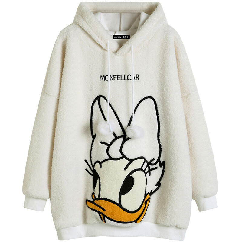 Streetwear high quality winter lamb wool women&#39;s hoodie sweatshirt loose cartoon embroidery women&#39;s hooded jacket